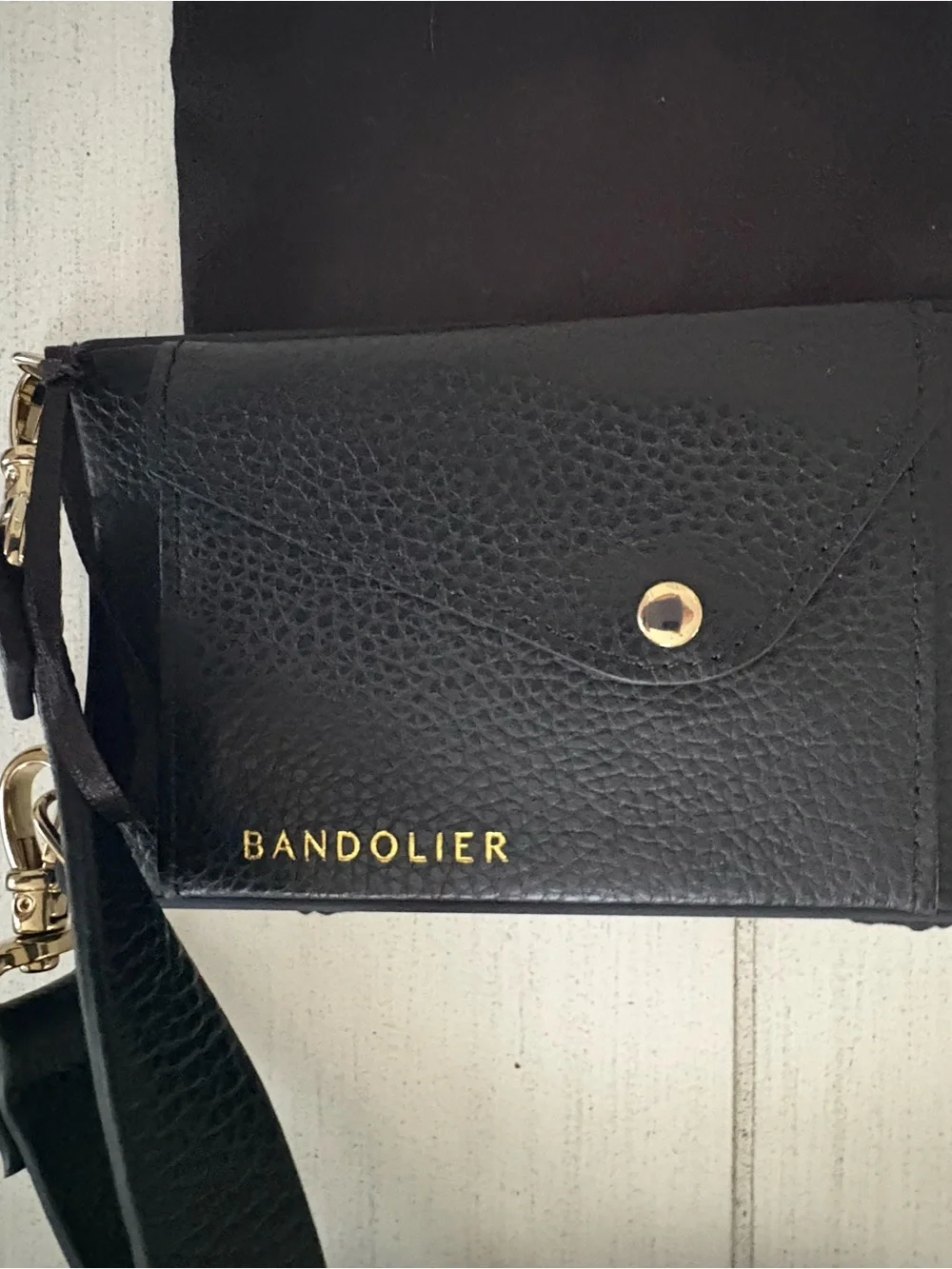 Bandolier Black Leather Crossbody Phone Wallet with Gold Hardware